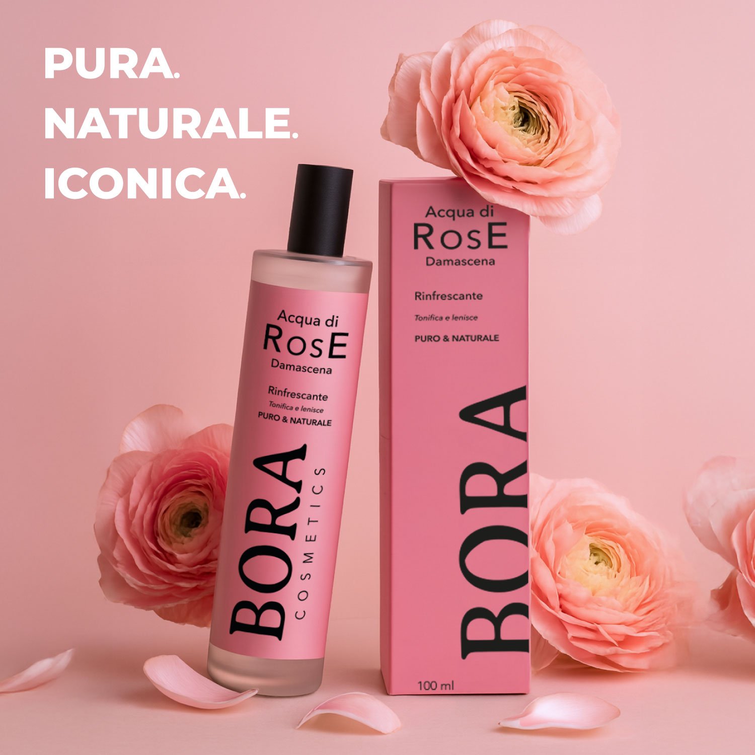 Bora Acqua di Rose: flacone e astuccio rosa ambientati tra i fiori