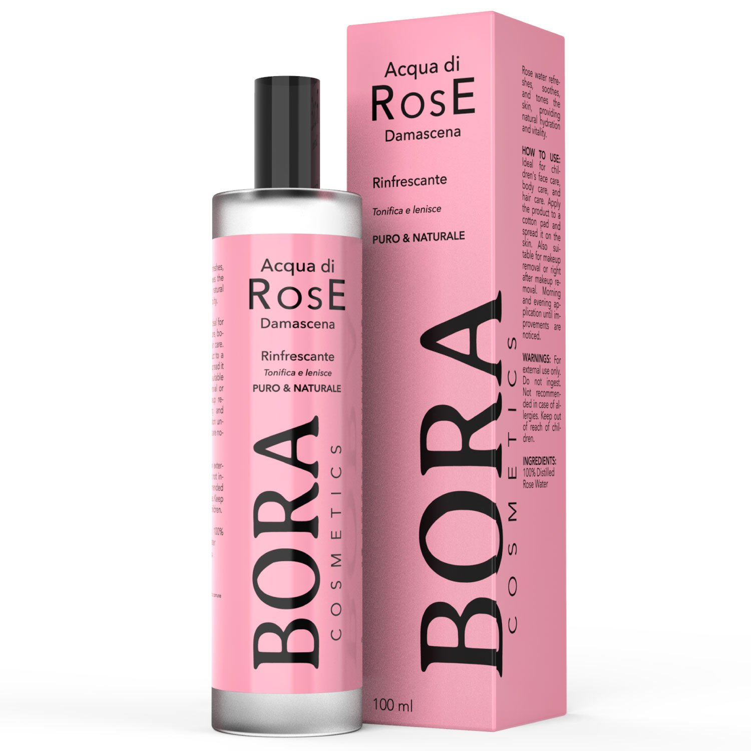 Bora: flacone con etichetta rosa e astuccio su fondo bianco