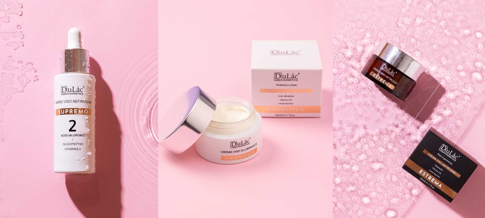 Tre composizioni Dulac con siero, crema e confezioni