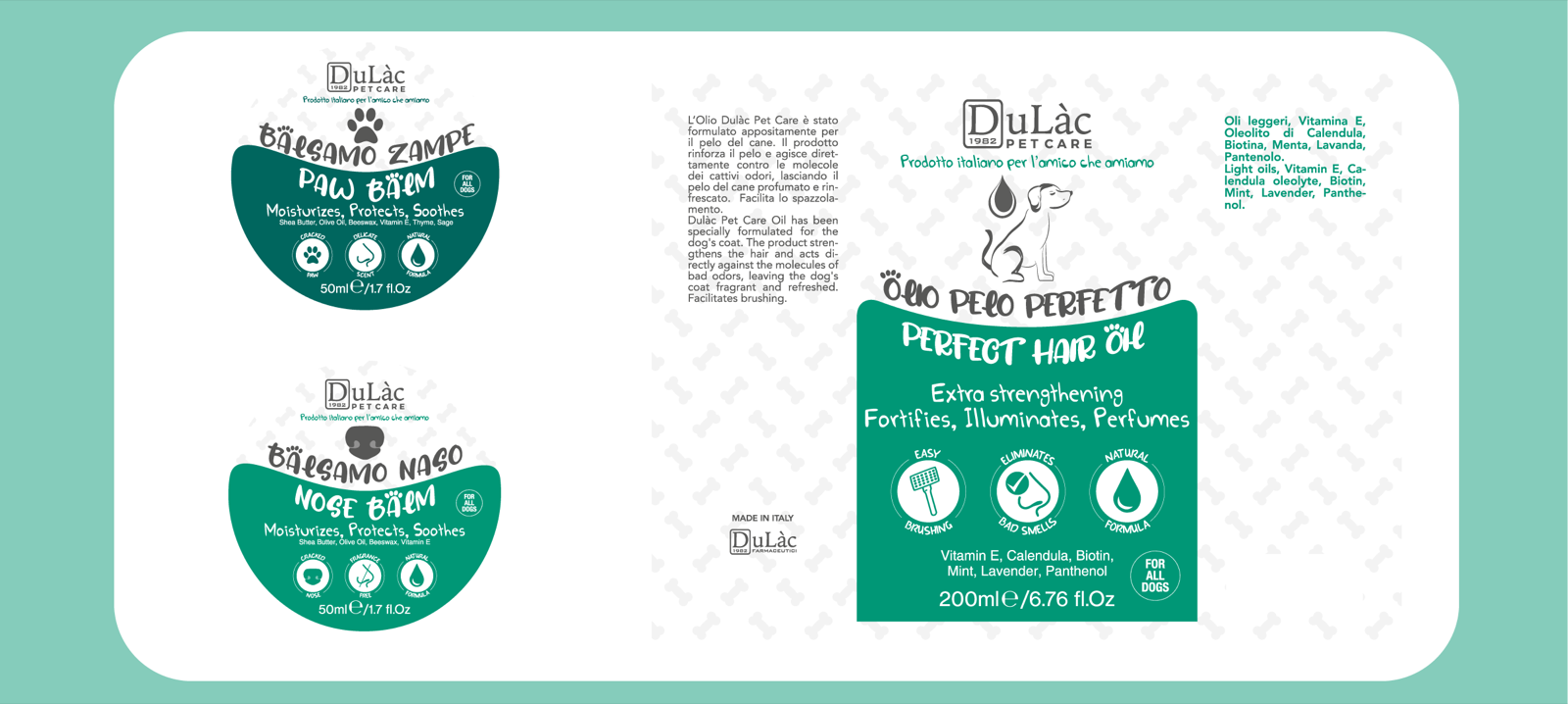 Tavola delle etichette Dulac Pet Care dal portfolio originale